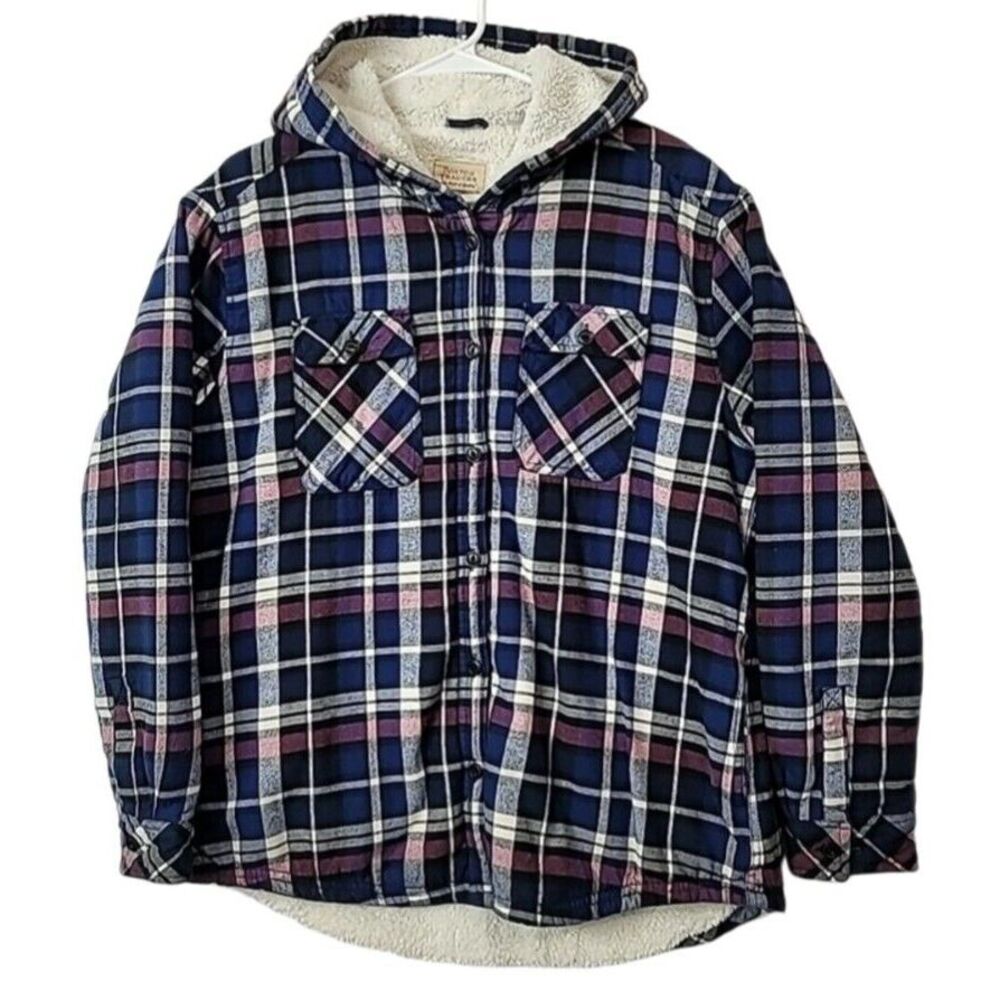 Boston Traders Button Down Jacket Women M Blue Purple Plaid‎ Sherpa Lined Hooded